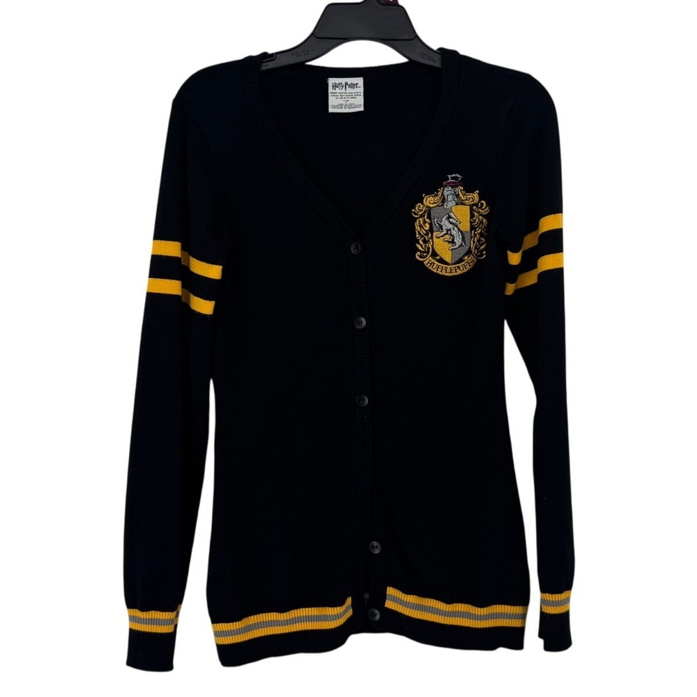 Harry Potter Hufflepuff Small Cardigan Black Yellow Varsity Crest Sweater
